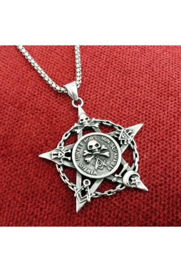 Vog Pentegram Kurukafa Çelik Unisex Sevgiliye - Eşe - Arkadaşa Hediye Kolye Zincir