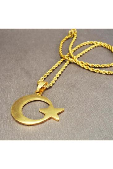 Ay Yıldız Türk Bayrağı Sarı Renk 316 L Paslanmaz Çelik Sevgiliye,Babaya,Eşe,Arkadaşa Hediye Kolye