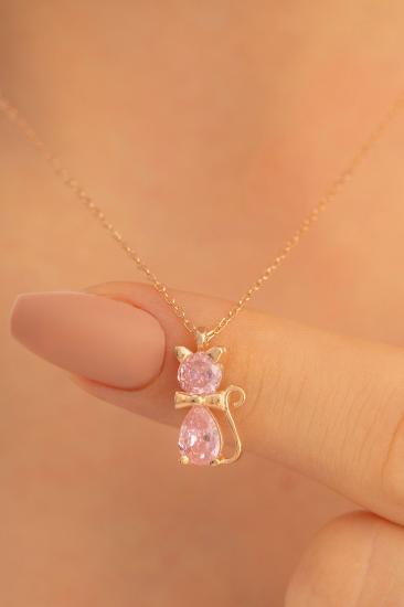 Vog Pembe Taşlı Papyonlu Kedi Motifli 925 Ayar Gümüş Sevgiliye,Anneye,Eşe,Arkadaşa Hediye Kolye
