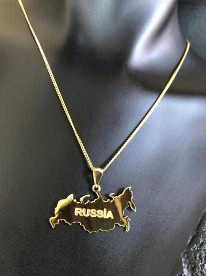 Kadın Gümüş Kolye - Rusya (RUSSİA) Haritası Bayrağı Gold Renk 925 Ayar Gümüş Ülke Kolye