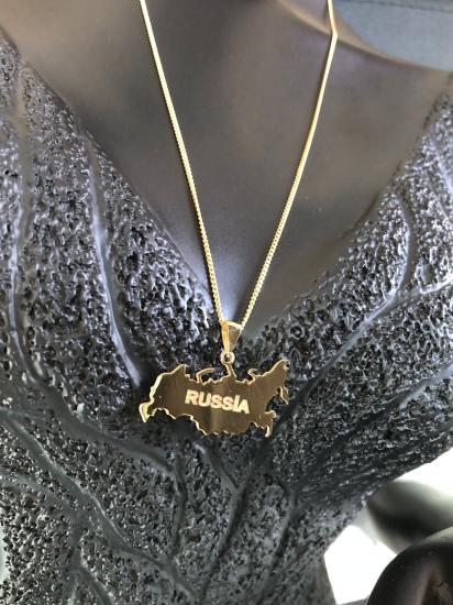 Kadın Gümüş Kolye - Rusya (RUSSİA) Haritası Bayrağı Gold Renk 925 Ayar Gümüş Ülke Kolye