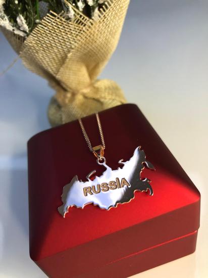Kadın Gümüş Kolye - Rusya (Russia) Haritası Bayrağı Rose Renk 925 Ayar Gümüş Ülke Kolye