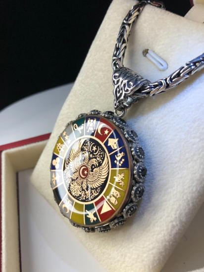 Erkek Gümüş Kolye - 16 Türk Devleti Bayrakları İşlemeli Selçuklu Kartalı Kral Zincirli Erkek Kolye