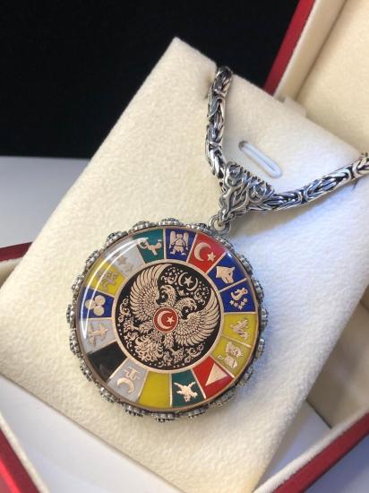 Erkek Gümüş Kolye - 16 Türk Devleti Bayrakları İşlemeli Selçuklu Kartalı Kral Zincirli Erkek Kolye