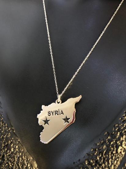 Erkek Kadın Gümüş Kolye - Suriye (SYRİA) Haritası Bayrağı Beyaz Renk 925 Ayar Ülke Kolye