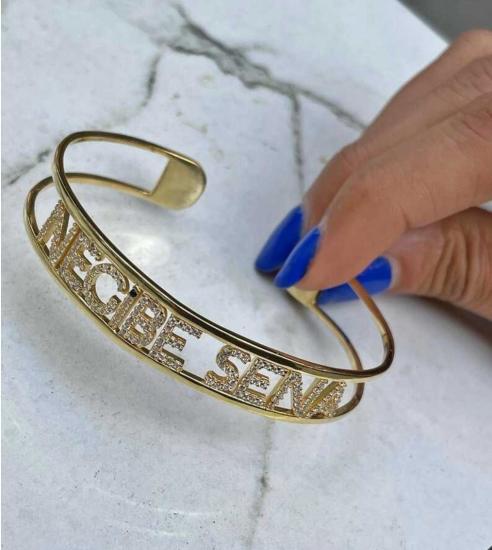 Vog Kişiye Özel Taşlı İsim Bilezik 925 Ayar Gümüş Sevgiliye,Anneye,Arkadaşa Hediye Kelepçe