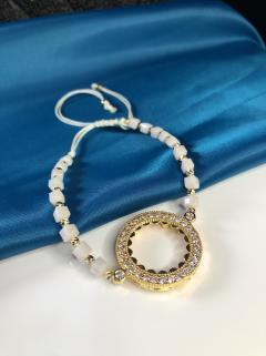 Vog Çeyrek Ve Gram Takılan 24 Ayar Kaplama Dorika Top Beyaz Renk Kristal Taş Detaylı  İp Bileklik