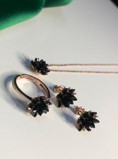 Vog  3’Lü Set  Siyah Zirconia Taşlı Nilüfer Lotus Çiçeği 925 Ayar Gümüş Rodium Güçlendirmeli