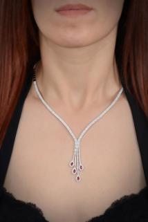 Vog Akis Kırmızı Taşlı 925 Ayar Gümüş Su Yolu Set - Düğün - Nişan - Söz - Sevgiliye - Eşe Takım