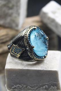 Erkek Gümüş Yüzük - Açık Mavi Paraiba Taşlı Ve Firuze Süslemeli Yanları Işlemeli Oval Yüzük