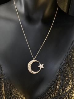 VOG AY YILDIZ SERİSİ ZİRCONİA TAŞLI ROZE RENK GÜMÜŞ KOLYE 
