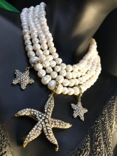 VOG BİJUTERİ 3 SIRA DENİZ YILDIZI 4 SIRA İNCİ DİZAYNLI ŞIK TASARIM EL İŞİ KOLYE (CHOKER)