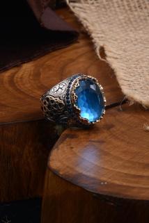 Vog Blue Topaz Aqua Marin Taşlı Yanı Işlemeli  925 Ayar Gümüş Erkek Yüzük