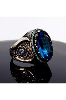 Blue Topaz Aquamarin Taşlı 925 Ayar Gümüş Erkek Yüzük