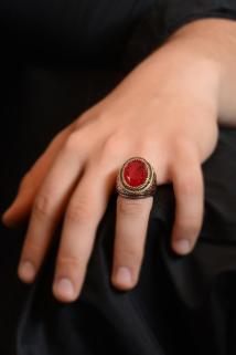Vog Yakut Garnet Taşlı Yanı Selçuklu Kartalı Model Çift Renk Erkek Gümüş Yüzük