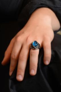 Vog Gravür Taşlı Oval Aquamarin 925 Ayar Erkek Gümüş Yüzük