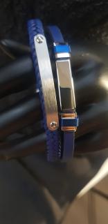 VOG KİŞİYE ÖZEL İSİM YAZILABİLEN ÇİFT KORDONLU MAVİ DERİ ÇELİK BİLEKLİK