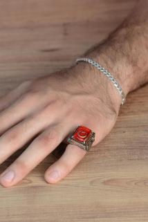 VOG Mineli Ay Yıldız İşlemeli Kırmızı Zirkon Taş Süslemeli 925 Ayar Gümüş Erkek Yüzük