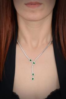 Vog Melodi Yeşil Taşlı 925 Ayar Gümüş Su Yolu Set - Düğün - Nişan - Söz - Sevgiliye - Eşe Takım