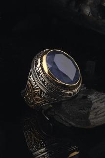 Vog Mavi Zirkon Taşlı Yanları Motifli 925 Ayar Gümüş Erkek Yüzük