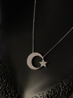Ay Yıldız Orta Büyüklükte  925 Ayar Gümüş • Sevgiliye • Eşe • Anneye Hediye Kolye