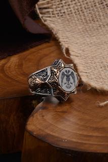 Vog Selçuklu Şahini Motifli Miğfer Kalkan Işlemeli Koleksiyonluk  925 Ayar Gümüş Erkek Yüzük