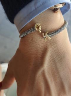 Vog Women Kişiye Özel  Çelik Bileklik Üstü 925 Ayar Gümüş Taşlı Harf.Rakam Kombinasyon Bileklik Sarı,Roze