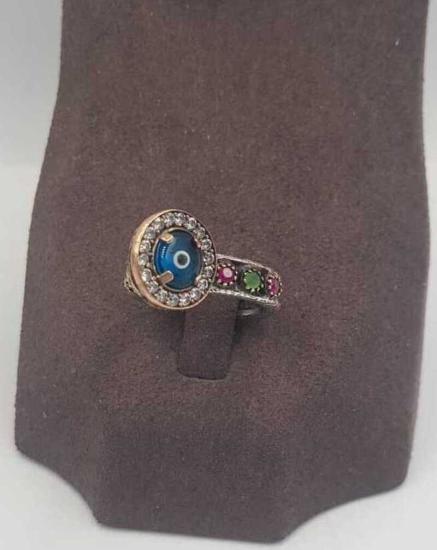 Vog El İşi Otantik Göz Boncuk Detay 925 Ayar Gümüş Sevgiliye,Anneye,Eşe,Arkadaşa Hediye Yüzük