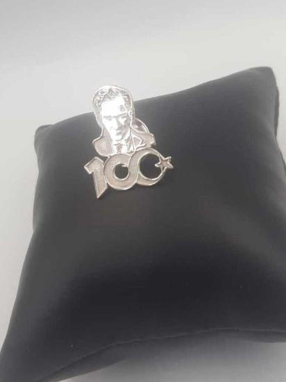 Vog Unisex 100. Yıl  Atatürk V Sonsuzluk Detaylı Yaka İğnesi 925 Ayar Gümüş Rozet 