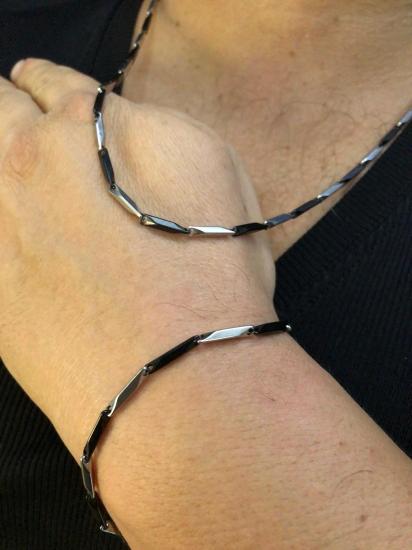 3mm Köşeli Çubuk Siyah V Beyaz Çelik İnce Kibar Set• Işıklı Kutuda • Sevgiliye • Eşe Bileklik Kolye