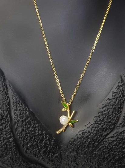 Vog Xuping Model Yeşil Mineli Bambu Figürlü İnci Detay Sevgiliye,Anneye,Arkadaşa Bijuteri Kolye