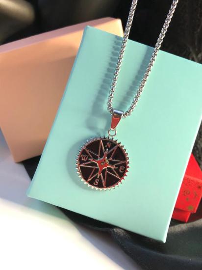 Vog Siyah Mineli Kuzey Yıldızı Pusula Model Sevgiliye,Eşe,Babaya,Arkadaşa Hediye Çelik Kolye