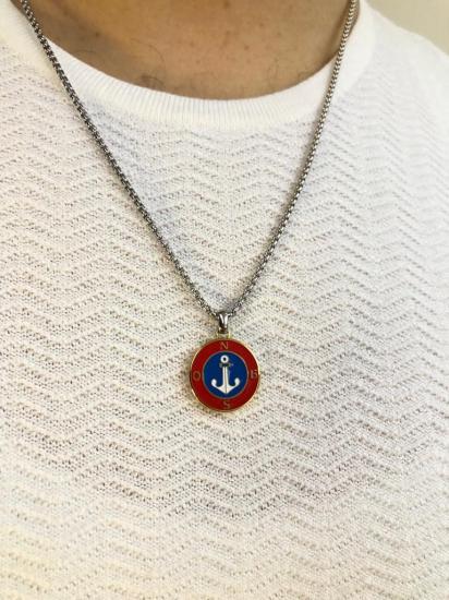 Vog Kırmızı V Mavi Mineli Çapa Figürlü Pusula Model Sevgiliye,Eşe,Babaya Hediye Çelik Kolye