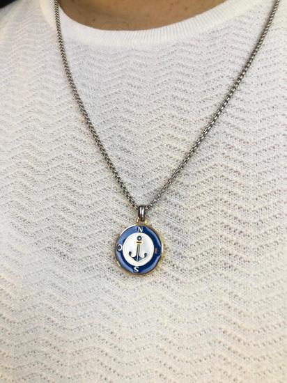 Vog Mavi V Beyaz Mineli Çapa Figürlü Pusula Model Sevgiliye,Eşe,Babaya Hediye Çelik Kolye