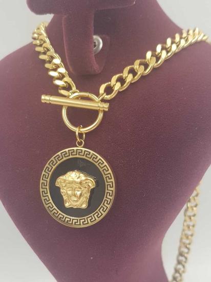 Vog Vip Çelik Gürmet Zincirli Siyah Oniks Taşlı Medusa Figür Versace Tasarım Sevgiliye,Anneye Kolye
