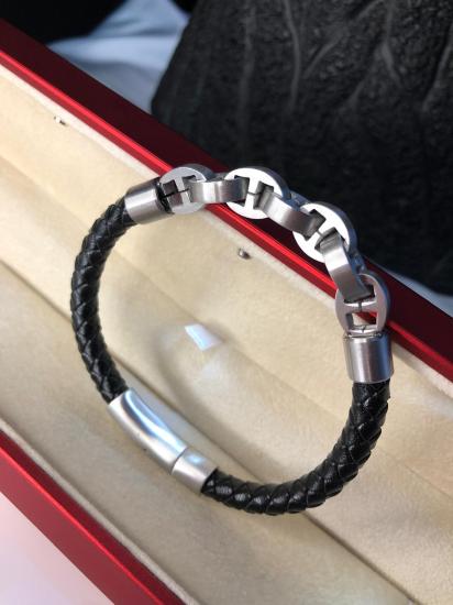 Üç Boyutlu İç İçe Halka Desen Deri Kordonlu Çelik Bileklik • Işıklı Kutuda Sevgiliye • Eşe Bileklik