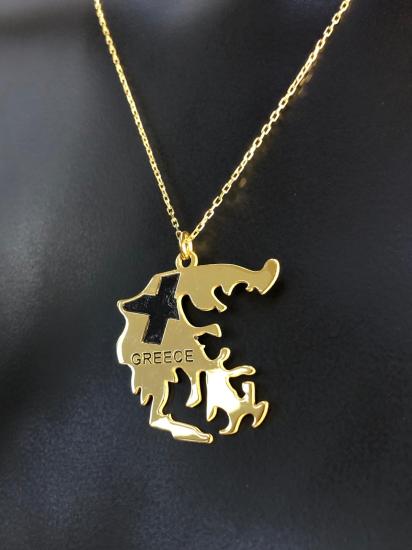 Kadın Gümüş Kolye - Yunanistan (GREECE) Haritası Bayrağı Gold Renk 925 Ayar Gümüş Ülke Kolye