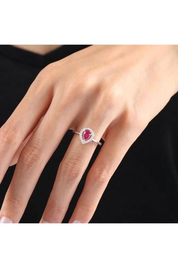 Vog Pırlanta Montür Zarif Damla Sentetik Yakut 925 Ayar Gümüş Yüzük 