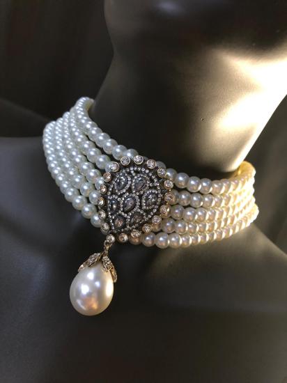 Vog 5 Sıra Cam İnci Tasarım Choker - Elmas Montür Hürrem Sultan Modeli Gelin Nişan Choker Gerdanlık