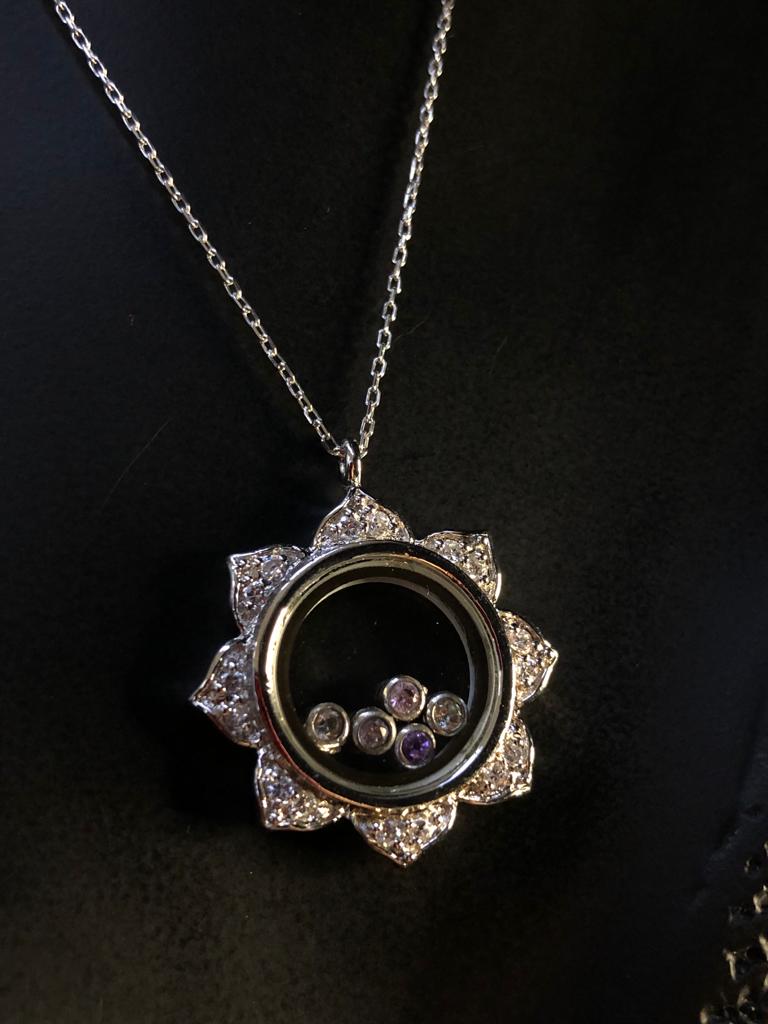 Vog Chopard Model Cam Kesim Tasarım Mix Taşlı Çiçek Detaylı 925 Ayar Gümüş Hediye Kolye