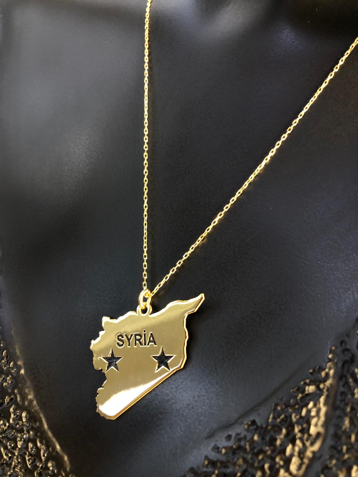 Kadın Gümüş Kolye - Suriye (SYRİA) Haritası Bayrağı Gold Renk 925 Ülke Kolye