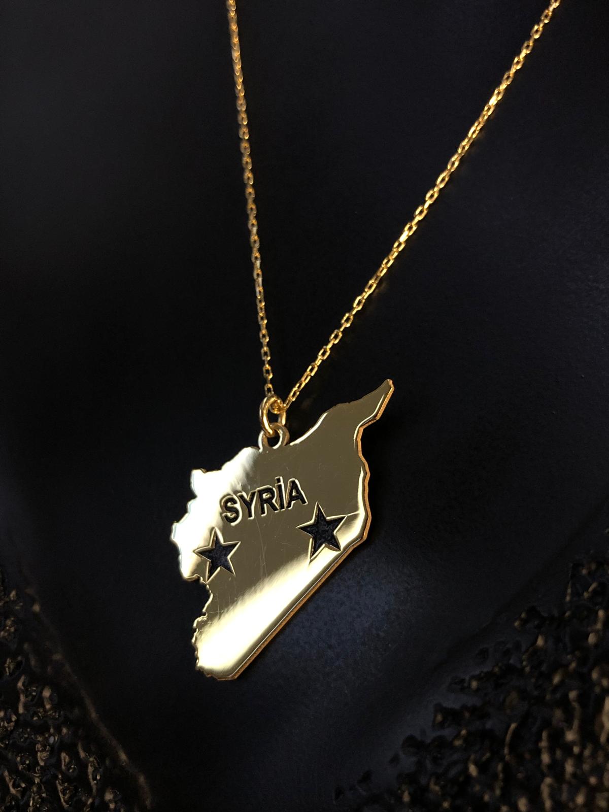 Kadın Gümüş Kolye - Suriye (SYRİA) Haritası Bayrağı Gold Renk 925 Ülke Kolye