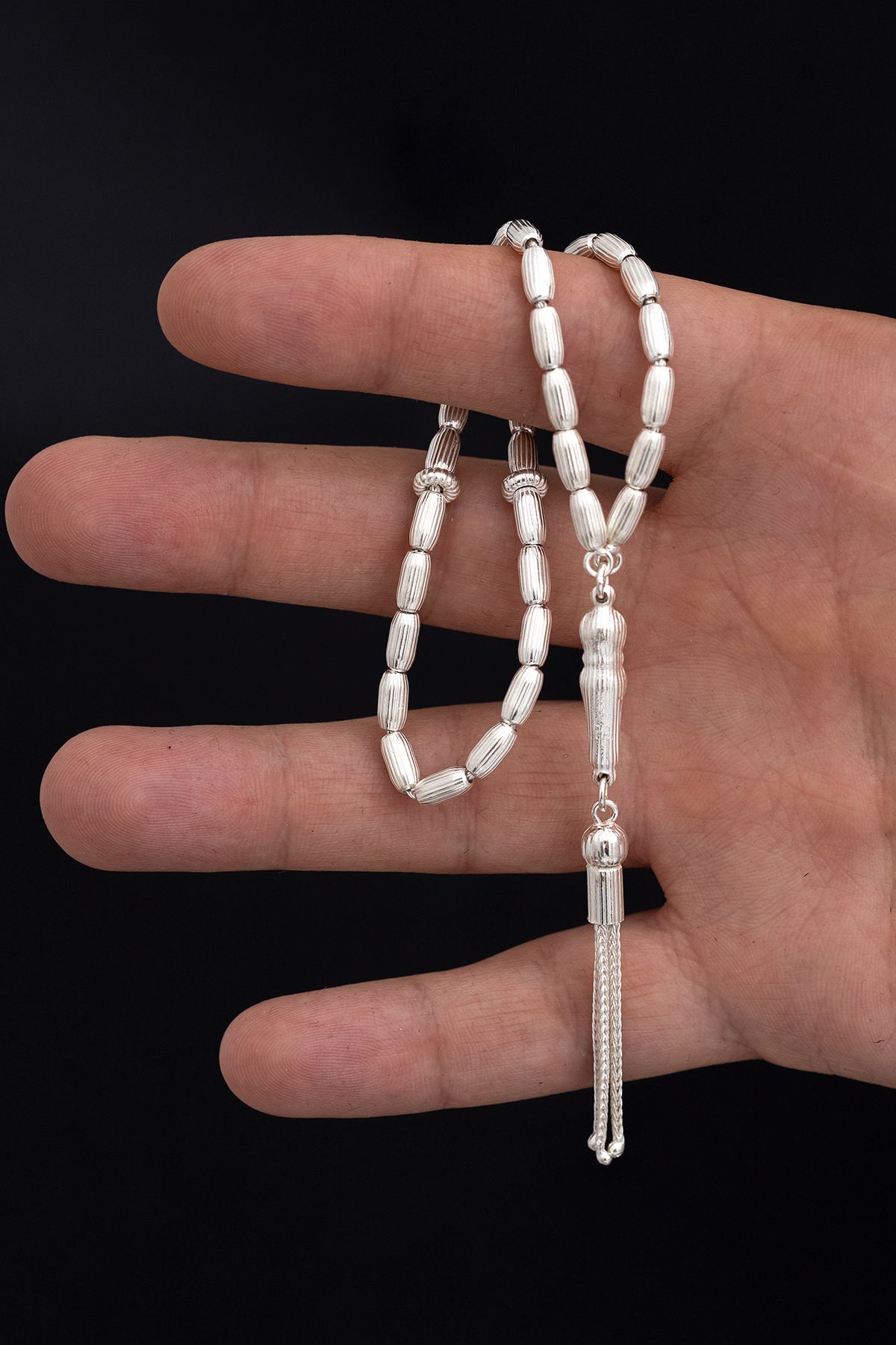 Erkek Gümüş Tesbih - Arpa Kesim Çizgili Orta Bilek Boy 14,5gr • Sevgiliye • Eşe • Babaya 