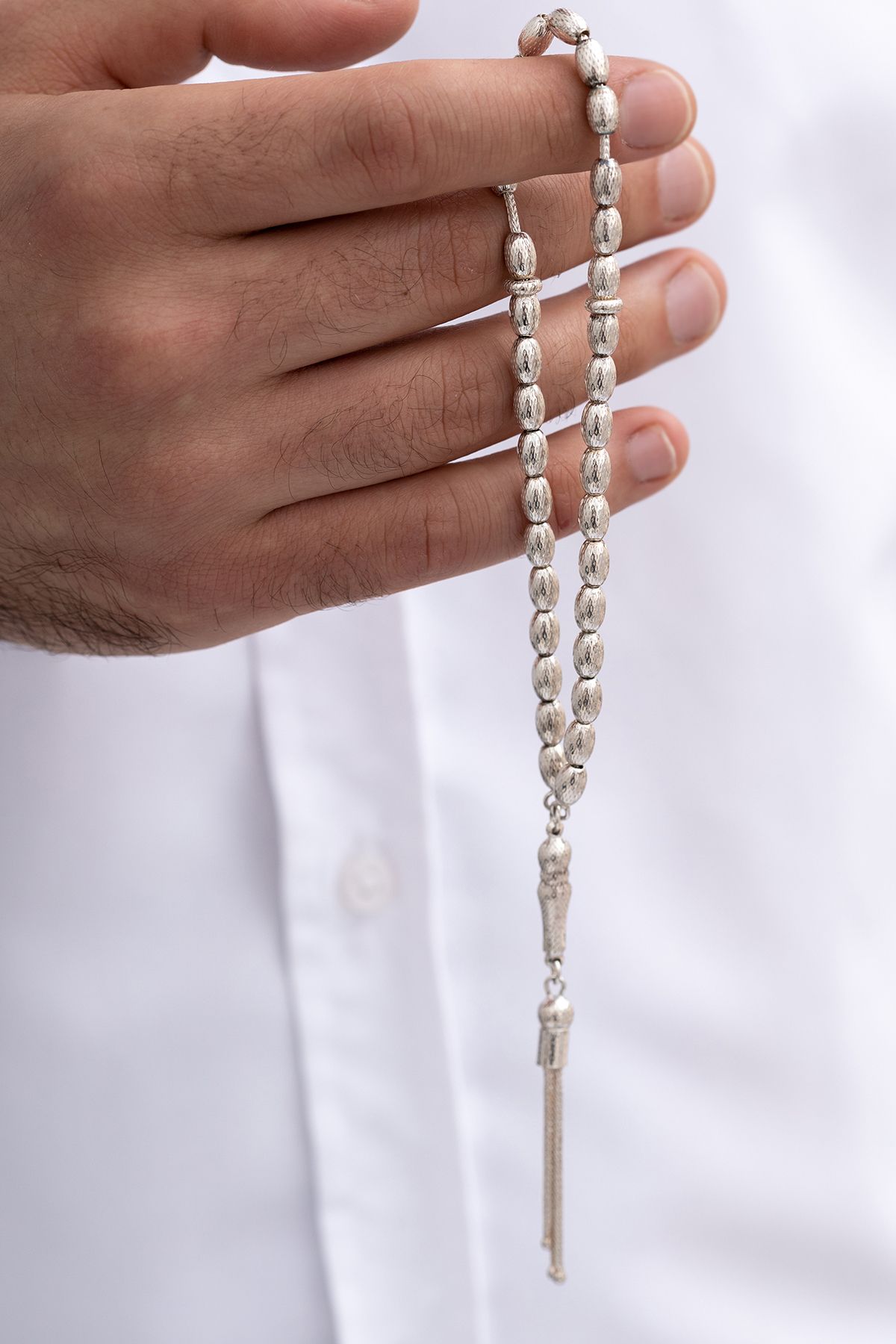 Erkek Gümüş Tesbih - Arpa Kesim Noktalı Orta Boy 18,5gr Sevgiliye Babaya 