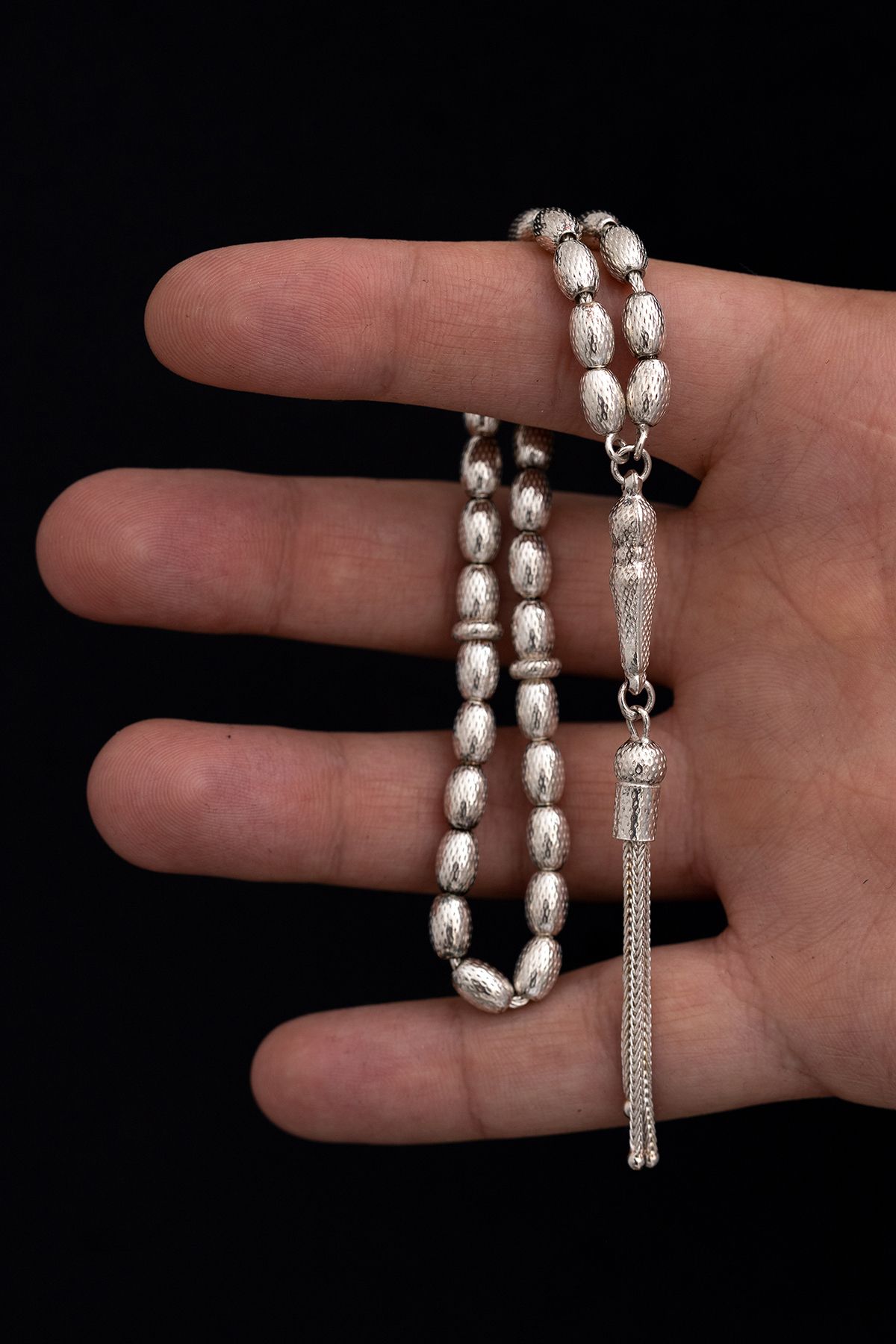 Erkek Gümüş Tesbih - Arpa Kesim Noktalı Orta Boy 18,5gr Sevgiliye Babaya 