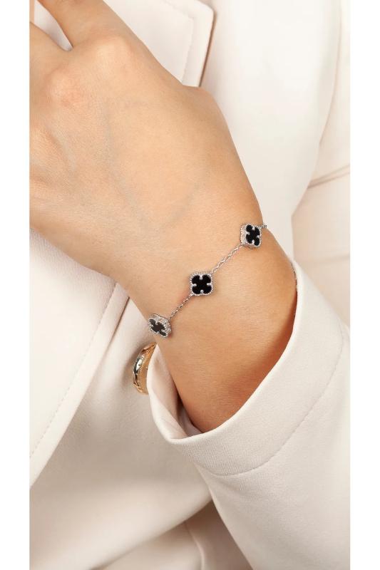 Erkek Kadın Gümüş Bileklik - Yonca Model 5’Li Siyah Oniks Taşlı Unisex Gümüş • Işıklı Kutuda • Sevgiliye • Eşe • Anneye Bileklik