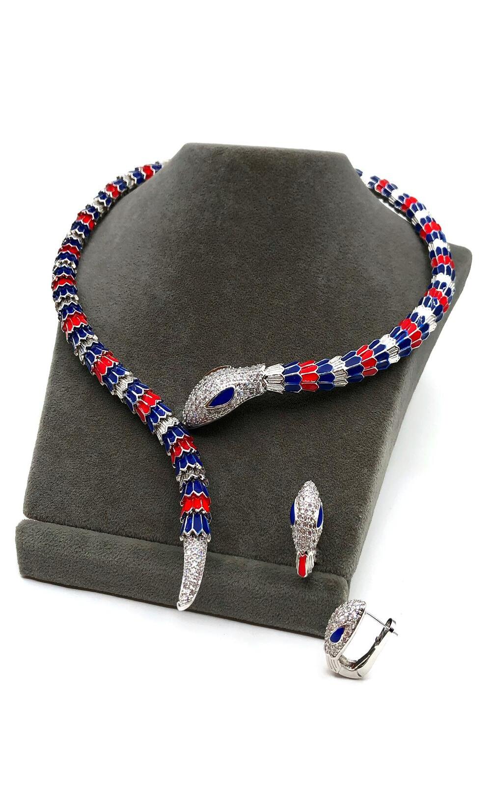 Vog Bulgari Model Yılan (snake) 2 Renk Mavi Ve Kırmızı Mineli Kolye Ve Küpe 1.sınıf Vip Çelik