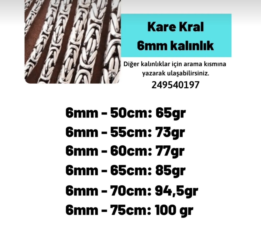  6Mm Kare Kral Model 925 Ayar Gümüş Zincir Kolye