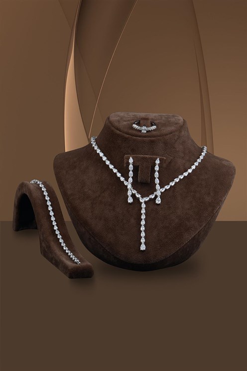Açela Zirconia Taşlı 925 Ayar Gümüş Su Yolu Set - Düğün - Nişan - Söz - Sevgiliye - Eşe Takım