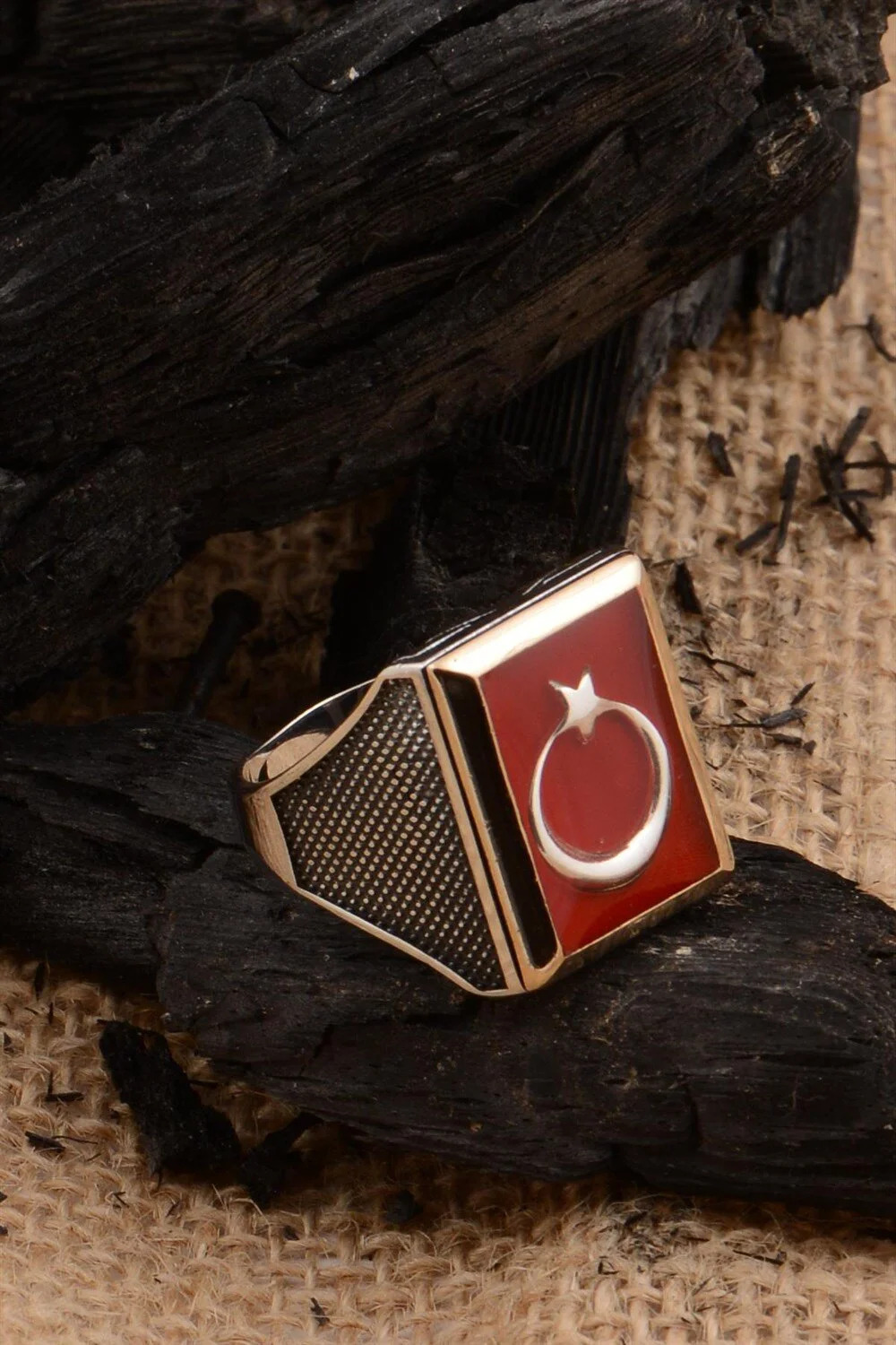 Vog Ay Yıldız Bayrak Motif Yanı Nokta Desen 925 Ayar Gümüş Erkek Yüzük 